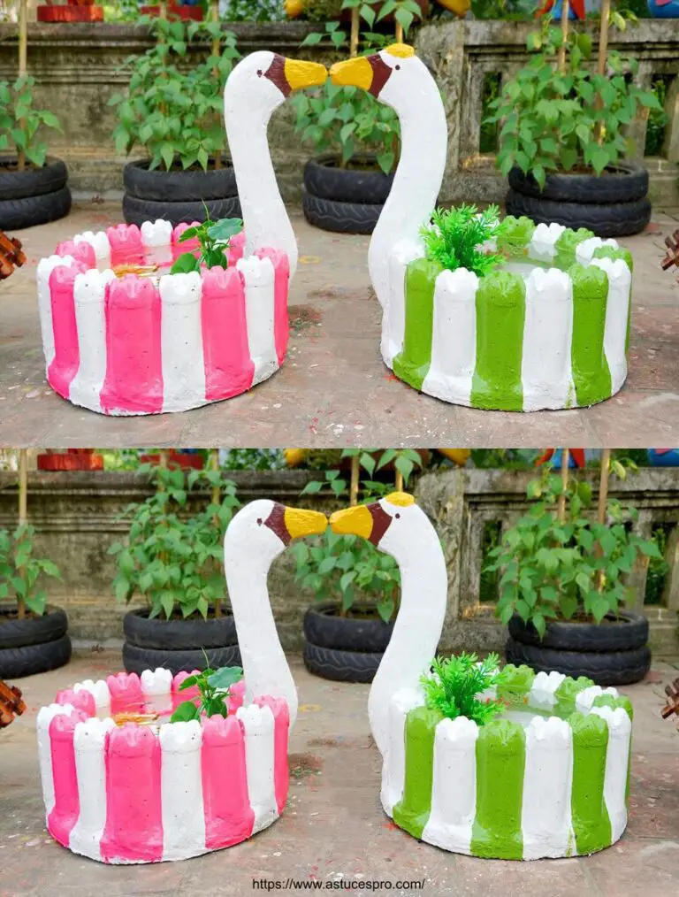 Hacer una bonita fuente de flores en forma de cisne en hormigón de botellas de plástico