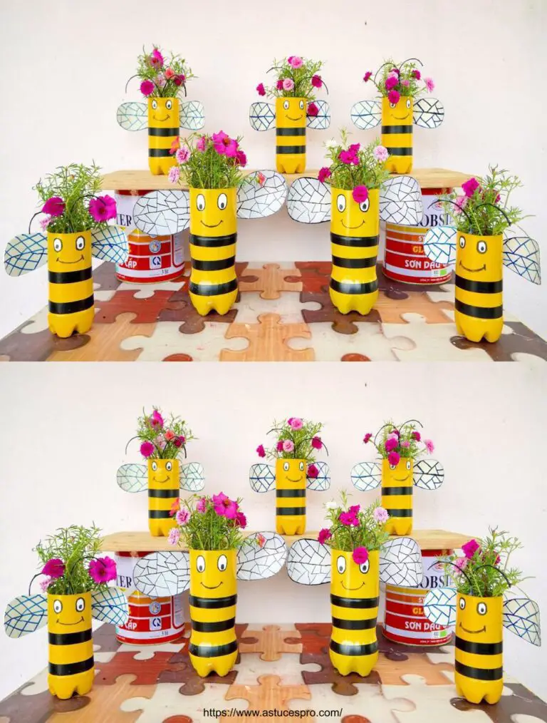 Hermosas macetas de abejas DIY flores de botellas de plástico para su jardín.