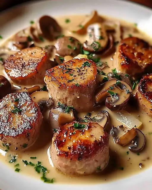 Medallones de Cerdo con Salsa Cremosa de Champiñones y Mostaza Este plato es puro placer reconfortante: