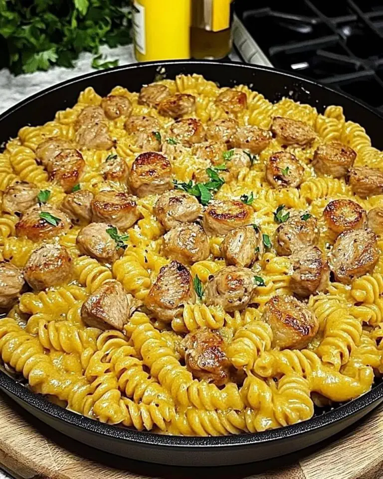 Rotini con Pollo, Salchicha y Queso Cheddar en Una Sola Cazuela  ¡Un plato reconfortante, cremoso y súper fácil de preparar!