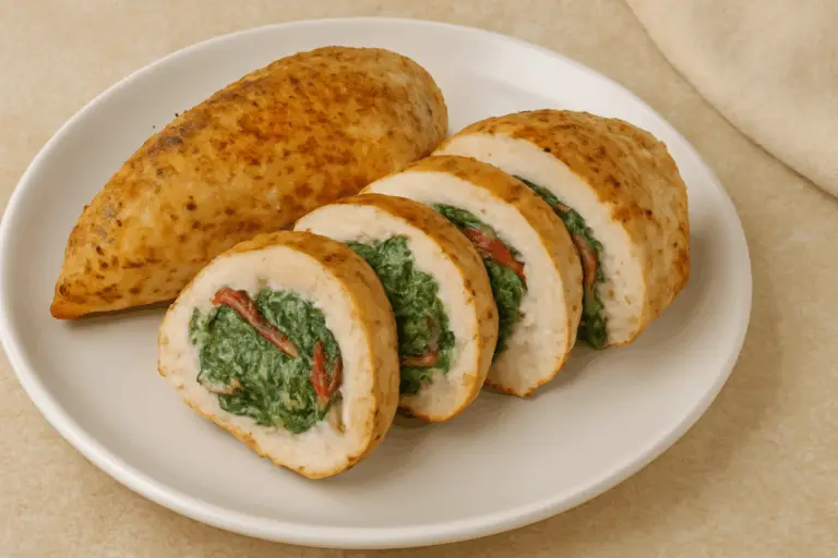 Pechuga de Pollo Rellena de Tomates Secos y Espinacas Cremosas – ¡Jugosa, Saludable y Llena de Sabor Mediterráneo!