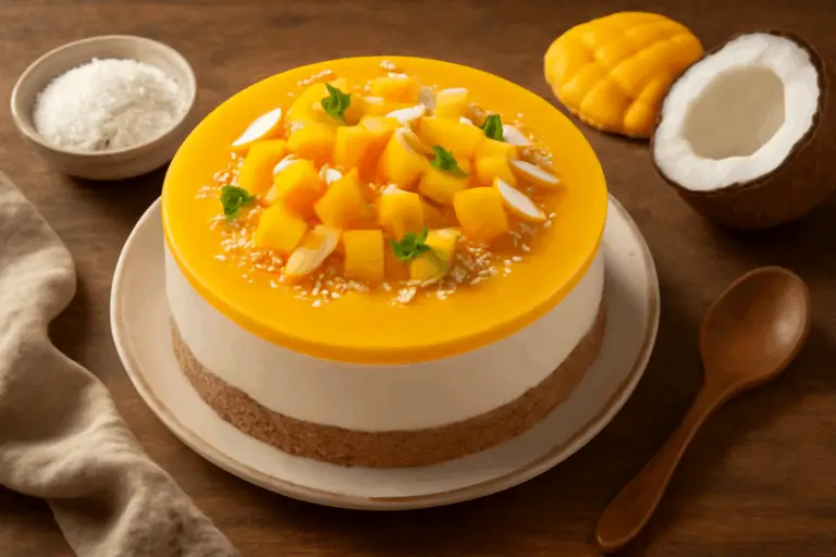 Delicioso Cheesecake de Mango y Coco con Panna Cotta – ¡Exquisito, Cremoso y con Sabor Tropical!
