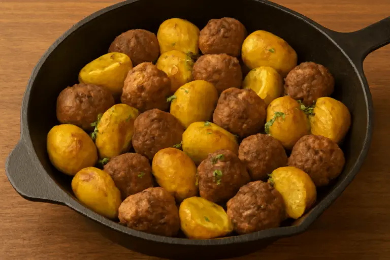 Papas Doradas y Albóndigas de Res Salteadas con Tomillo – ¡Un Clásico Reconfortante con Aroma a Hogar!