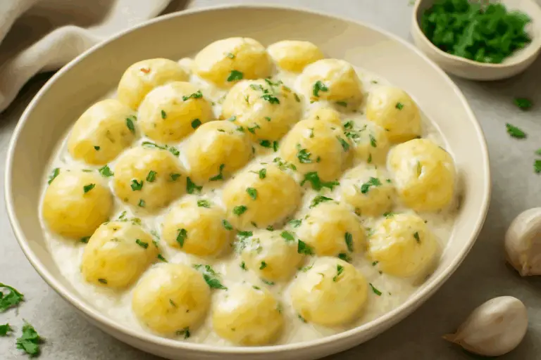 Patatas Baby en Salsa Cremosa de Ajo – ¡Suaves, Deliciosas y Llena de Sabor!