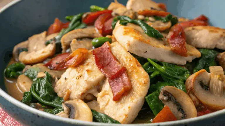 Pollo Salteado con Espinacas Cremosas y Tocino – ¡Una Combinación Irresistible de Sabor y Textura!