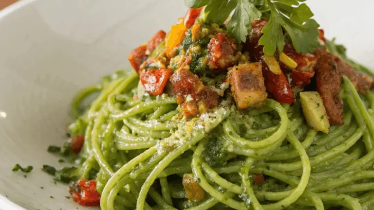 Espaguetis al Pesto con Verduras – ¡Colorido, Saludable y Lleno de Sabor Mediterráneo!