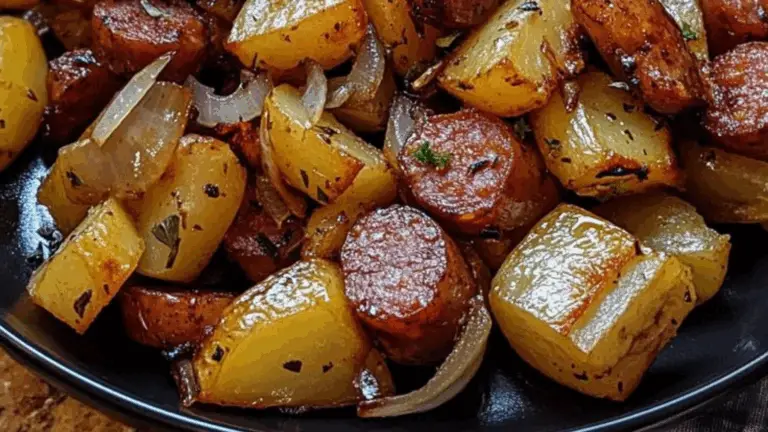 Patatas Fritas, Cebollas y Salchicha Polaca Ahumada: ¡Un Plato Sabroso y Reconfortante!