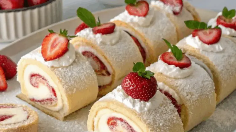 Strawberry Roll Cake with Fresh Cream and Mint Garnish: A Deliciously Light and Elegant Dessert