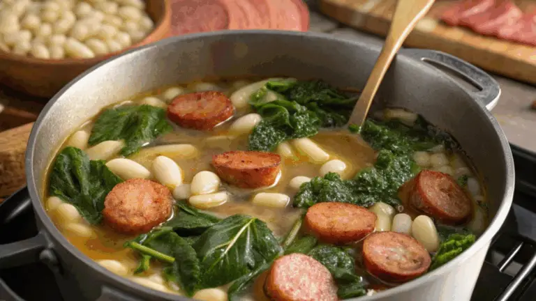 Sopa de Salchichas con Espinacas, Papas y Frijoles Blancos: ¡Una Comida Reconfortante y Llena de Sabor!