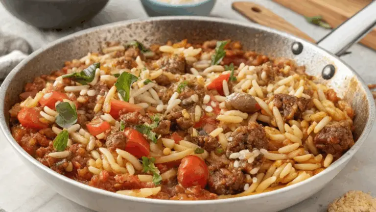 One-Pan Orzo con Carne Molida y Salsa Cremosa de Tomate – Fácil, Sabroso y Listo en un Solo Sartén