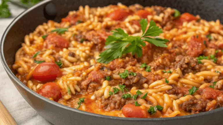 One-Pan Orzo con Carne Molida y Salsa Cremosa de Tomate – Fácil, Sabroso y Listo en un Solo Sartén