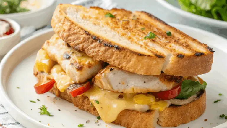 Sándwich de Pollo con Queso y Pan de Ajo – Jugoso, Sabroso y Perfecto para Cualquier Momento
