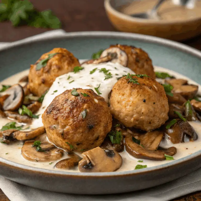 Albóndigas de Pollo con Champiñones y Salsa Cremosa: ¡Una Comida Deliciosa y Reconfortante! 🍗🍄🍽️