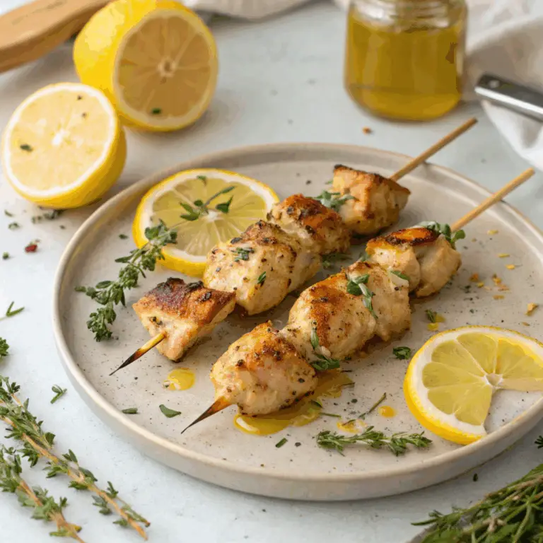Brochetas de Pollo Marinado al Limón y Tomillo: ¡Sabrosas, Jugosas y Perfectas para una Comida al Aire Libre! 🍗🍋🌿