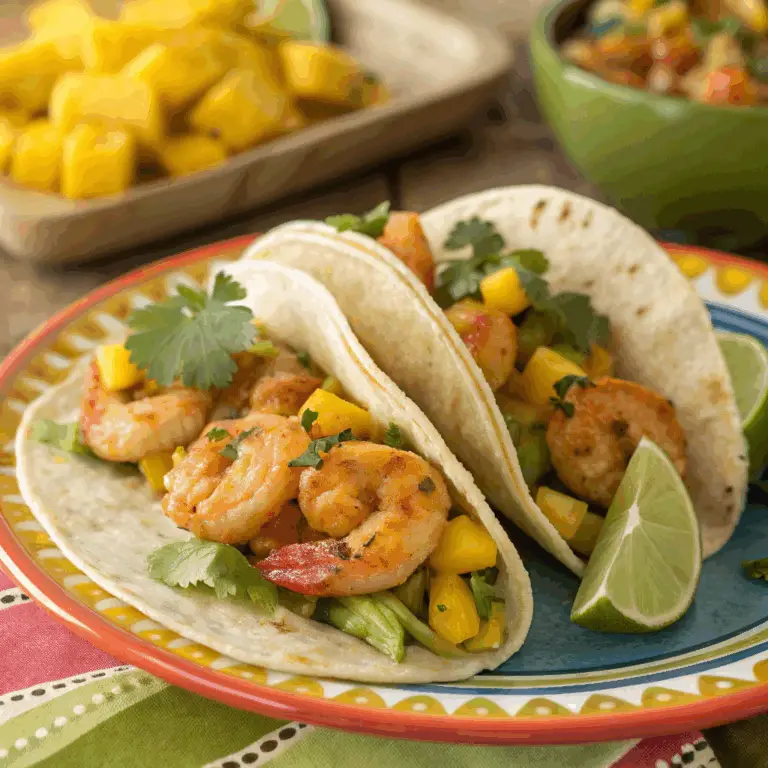 Tacos Picantes de Camarones con Salsa de Mango: ¡Un Sabor Exótico y Fresco en Cada Bocado! 🌮🦐🥭