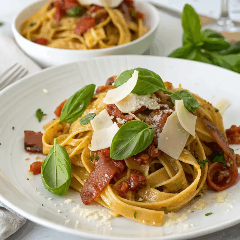 Tagliatelle con Pancetta, Albahaca y Mozzarella: ¡Un Plato Clásico Italiano Lleno de Sabor! 🍝🥓🌿🧀
