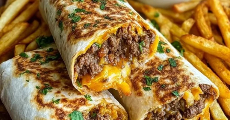 Burritos de carne y papas con salsa de queso nacho casera