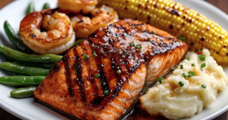 Salmón ennegrecido con salsa cremosa de camarones, puré de papas y espárragos: una cena de restaurante en casa