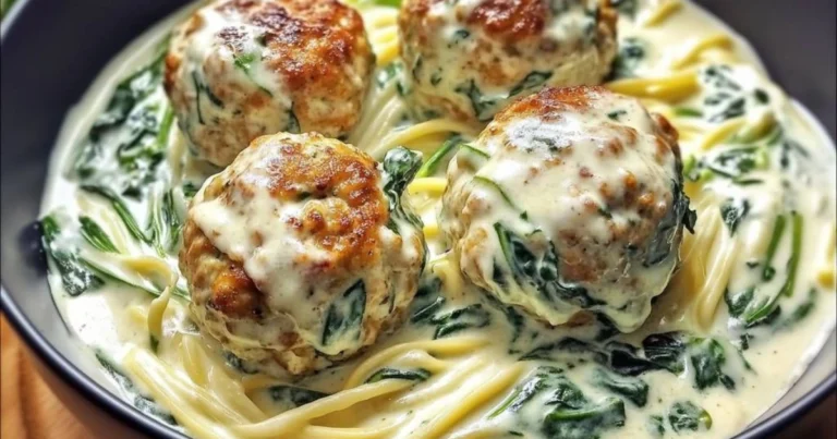 Espaguetis con albóndigas de pollo y salsa cremosa de espinacas