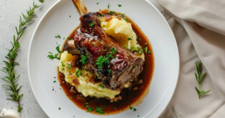 Costillas de cordero estofadas con salsa de cebolla y puré de patata