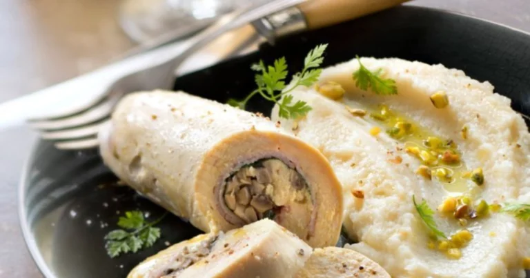 Pollo relleno con champiñones y hierbas en salsa cremosa