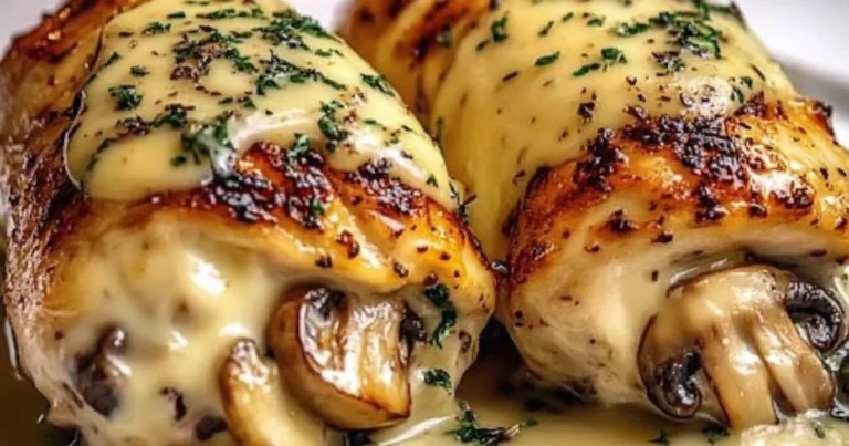 Roulades de pollo rellenas de champiñones con salsa cremosa de queso