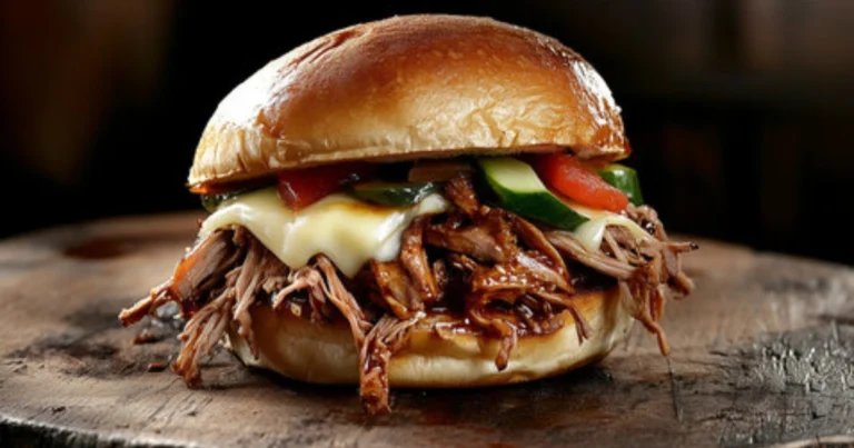 Sándwich de carne de res deshebrada con salsa barbacoa