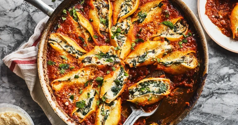 Conchiglioni rellenos de espinacas y ricotta al horno con salsa de tomate