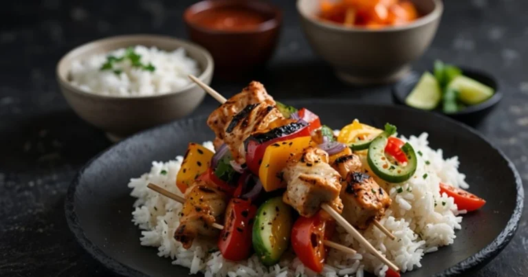 Brochetas de pollo a la parrilla con verduras y arroz salteado: receta completa y saludable