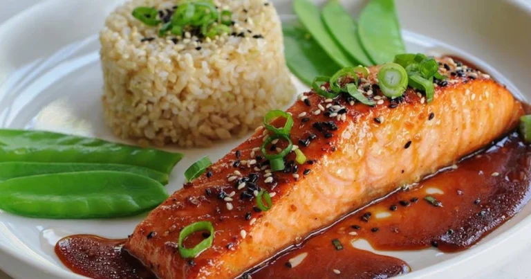Salmón glaseado con salsa teriyaki, arroz y verduras salteadas