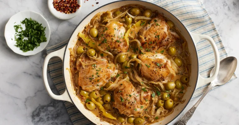 Pollo con cebollas caramelizadas y aceitunas: receta completa y guía práctica