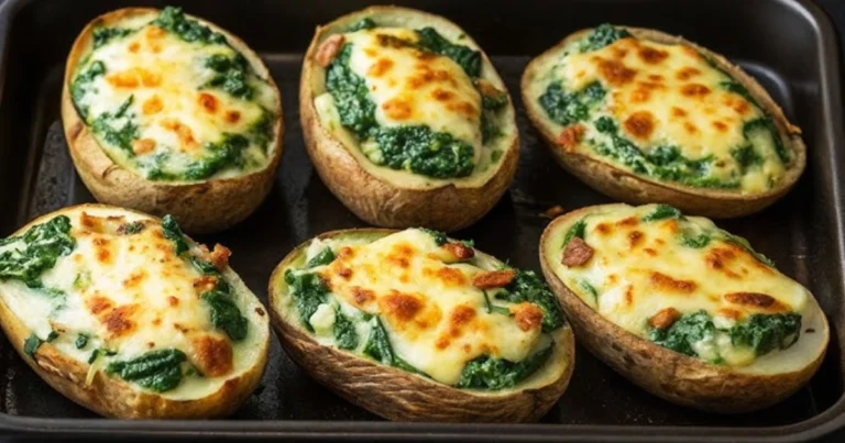 Patatas rellenas con espinacas y queso gratinado