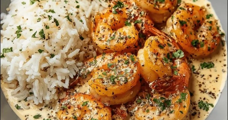 Langostinos en salsa cremosa de ajo y limón con arroz