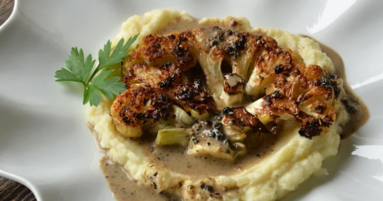 Filete de coliflor asada con puré de polenta y espinacas salteadas